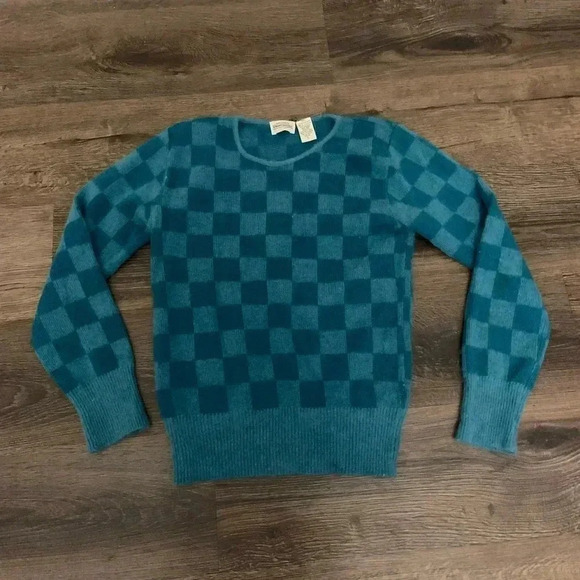 Bloomingdale's blue checkered lambs wool angora pull over sweater vtg | size S - Picture 1 of 5